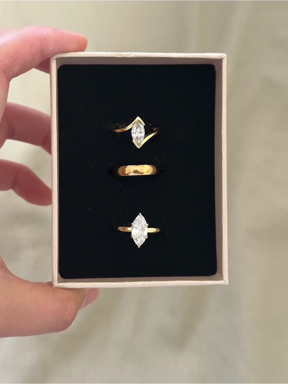 Gold Tone Marquise & Classic Band Ring Set - White Stone Accents
